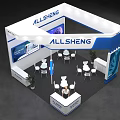 ALLSHENG Modern Blue White Exhibition Booth with DNA Structure Cell Display Reception Desk Chairs and Plants