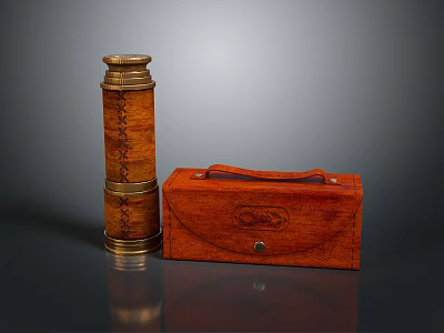 Brass Telescope And Brown Leather Case On Gray Background Scene 3d model