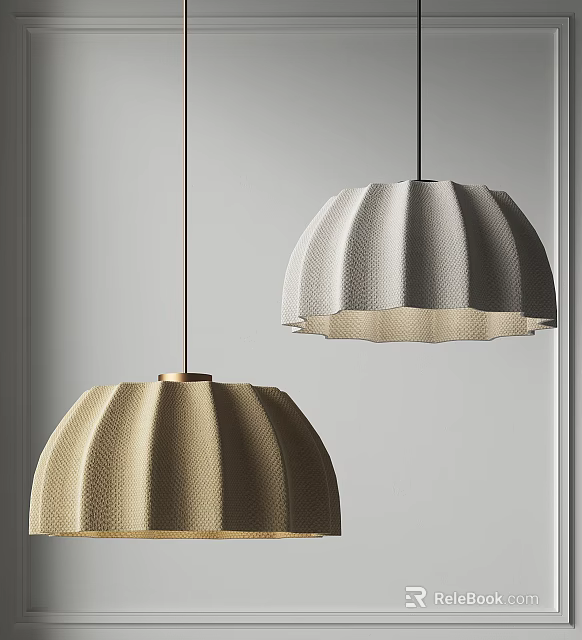 Two Modern Textured Dome Pendant Lights With Pleated Shades In Neutral Tones 3d model 