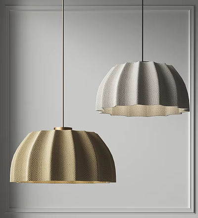 Two Modern Textured Dome Pendant Lights With Pleated Shades In Neutral Tones 3d model