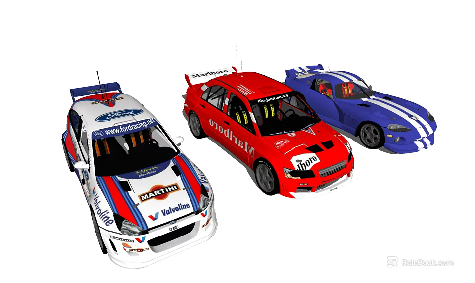 Colorful Rally Racing Cars White Red Blue Displayed With Sponsor Logos 3d model 