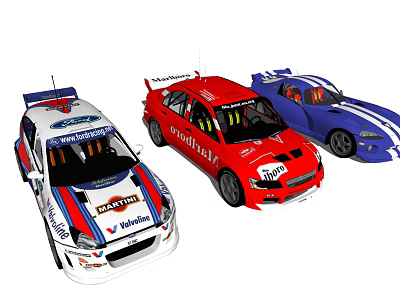 Colorful Rally Racing Cars White Red Blue Displayed With Sponsor Logos 3d model