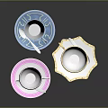 Colorful Tea Cups Saucers and Spoons with Pink Blue White Patterns and Gold Trim