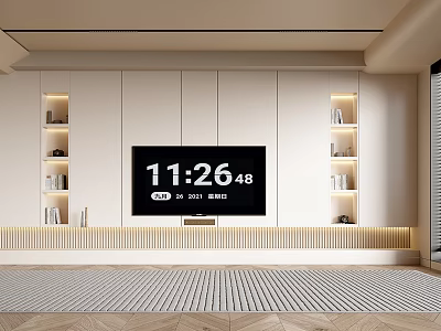 Modern TV Stand In Modern Living Room With Illuminated Side Shelves And Flat Screen TV 3d model