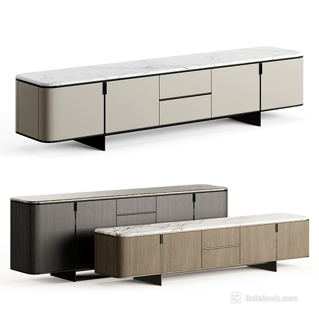 Modern TV Stand Design With Marble Top Drawers And Wooden Cabinets 3d model 