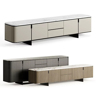 Modern TV Stand Design With Marble Top Drawers And Wooden Cabinets 3d model
