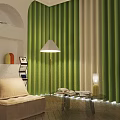 Green and Beige Vertical Striped Curtains in Modern Living Room with Sofa and Floor Lamp