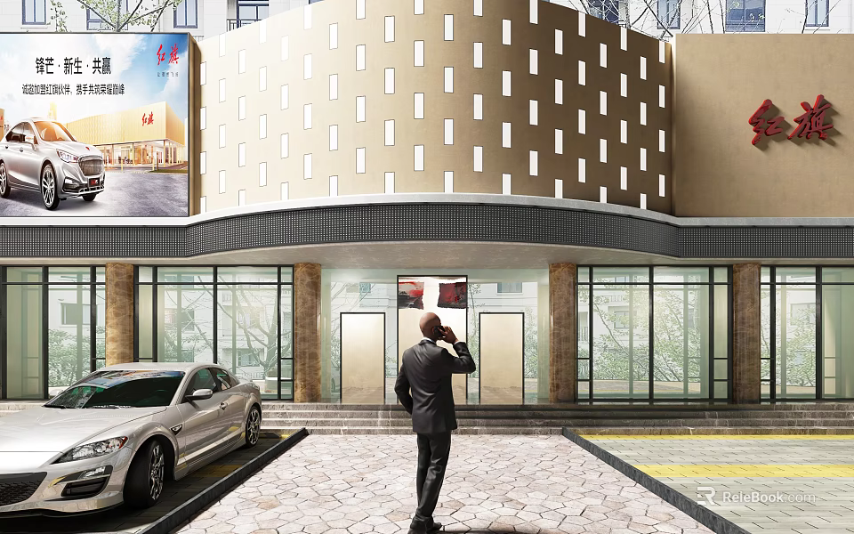 Modern Storefront Facade Design With Perforated Wall Glass Curtain And Entrance 3d model 