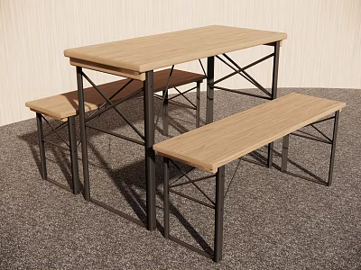 Modern Minimalist Dining Table with Benches Wooden Top and Black Metal Legs 3d model