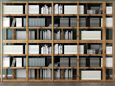 Modern Wooden Bookshelf With Multiple Shelves Filled With Various Books And Decorative Items 3d model