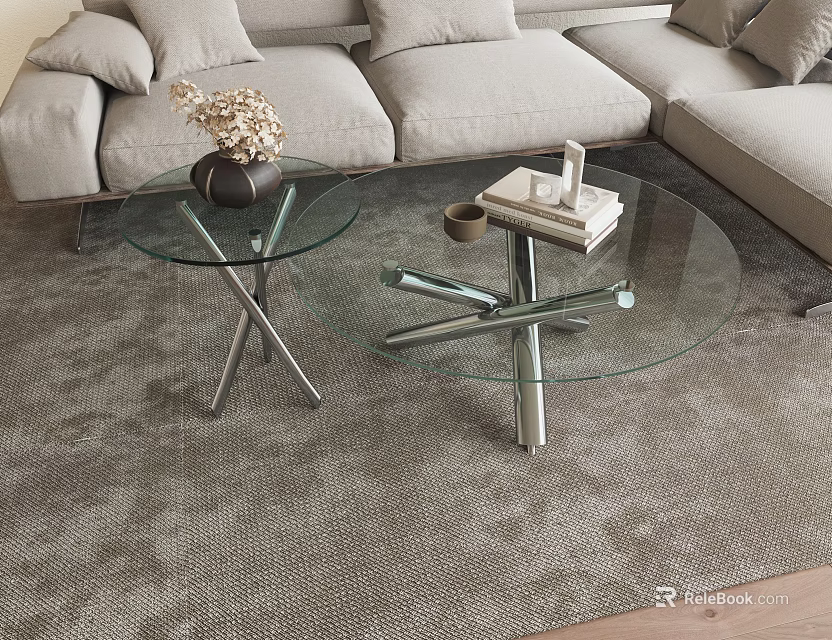 Modern Glass Coffee Table with Cross Metal Legs Vase Books and Cup on Living Rug 3d model 