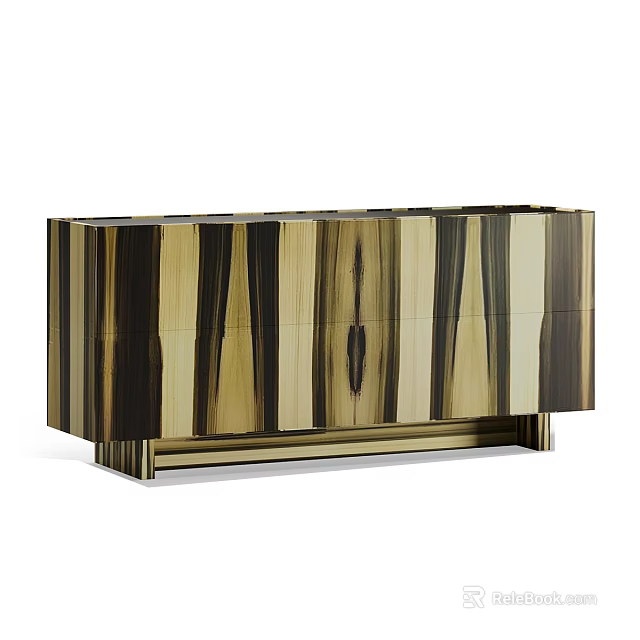 Modern TV Stand With Striped Wooden Panels Light And Dark Wood Tones Metallic Base 3d model 
