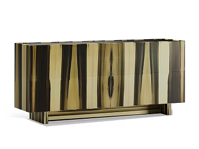 Modern TV Stand With Striped Wooden Panels Light And Dark Wood Tones Metallic Base 3d model
