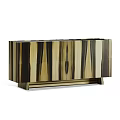Modern TV Stand With Striped Wooden Panels Light And Dark Wood Tones Metallic Base