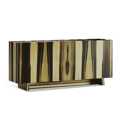 Modern TV Stand With Striped Wooden Panels Light And Dark Wood Tones Metallic Base 3d model