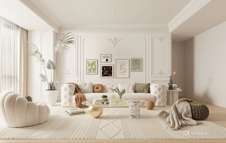 Elegant Modern Living Room Interior Design With White Walls Framed Artworks Sofa And Potted Plants 3d model 