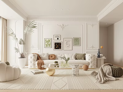 Elegant Modern Living Room Interior Design With White Walls Framed Artworks Sofa And Potted Plants 3d model
