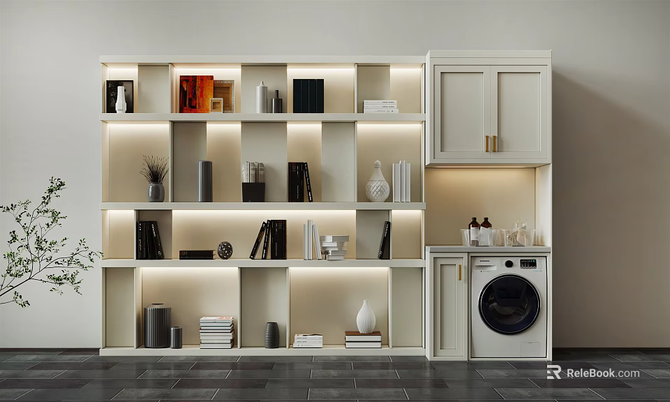 Modern Bathroom Cabinet Rack With Illuminated Shelves Decorative Books And Storage Lighting 3d model 
