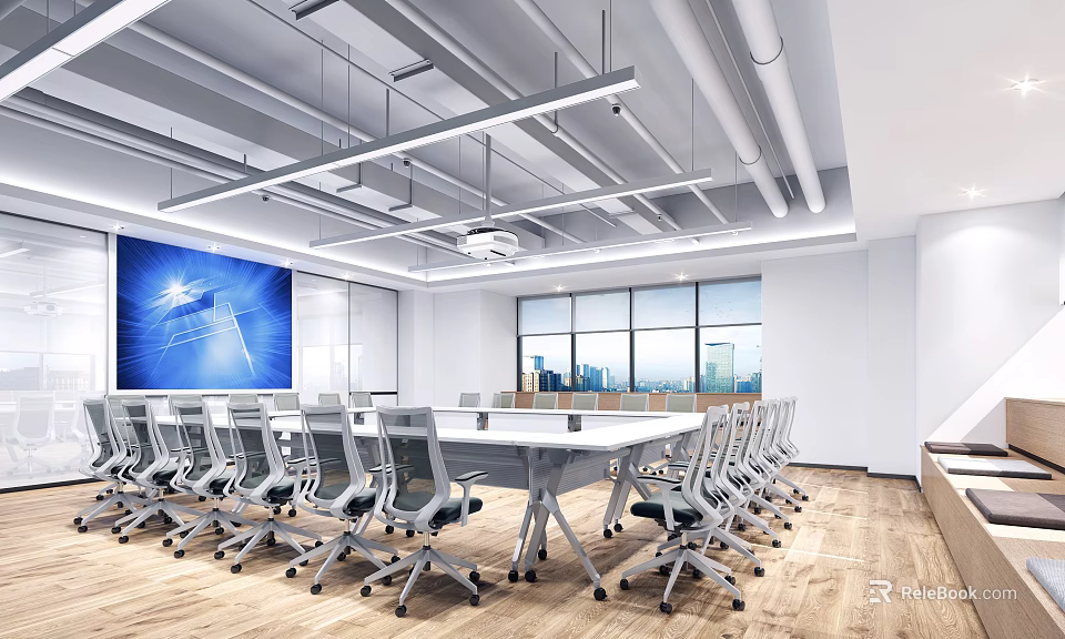 Modern Conference Room Interior With Large Conference Table Multiple Chairs Large Screen And Wooden Flooring 3d model 