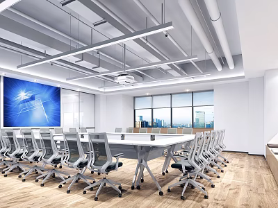 Modern Conference Room Interior With Large Conference Table Multiple Chairs Large Screen And Wooden Flooring 3d model