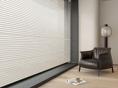White Roller Blinds in Modern Interior with Brown Leather Chair Floor Lamp and Wooden Floor 3d model