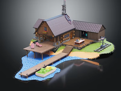 Scenic Rustic Log Cabin With Wooden Deck Dock And Small Boat By Water 3d model