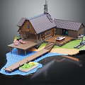 Scenic Rustic Log Cabin With Wooden Deck Dock And Small Boat By Water
