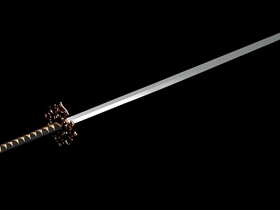 Traditional Japanese Sword With Ornate Hilt And Polished Steel Blade On Black 3d model