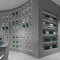 Modern Specialty Store Interior With Colorful Striped Wall Products On Shelves And White Counter