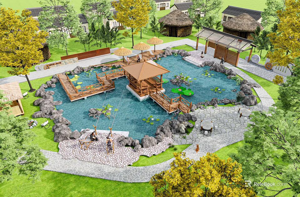 Beautiful Waterfront Landscape With Pond Water Lilies Wooden Pavilion Bridge Stones Plants And Pathway 3d model 