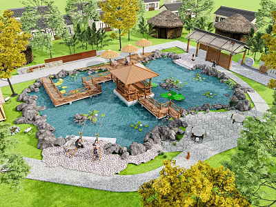 Beautiful Waterfront Landscape With Pond Water Lilies Wooden Pavilion Bridge Stones Plants And Pathway 3d model
