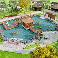 Beautiful Waterfront Landscape With Pond Water Lilies Wooden Pavilion Bridge Stones Plants And Pathway