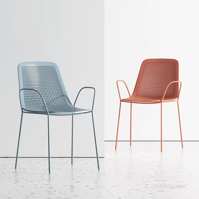 Modern Blue And Red Dining Chairs With Mesh Design Curved Armrests Slender Metal Legs 3d model 