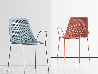 Modern Blue And Red Dining Chairs With Mesh Design Curved Armrests Slender Metal Legs 3d model
