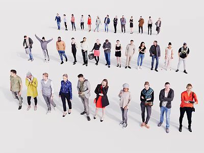 Diverse Group of People Standing in Various Poses With Different Outfits and Styles 3d model