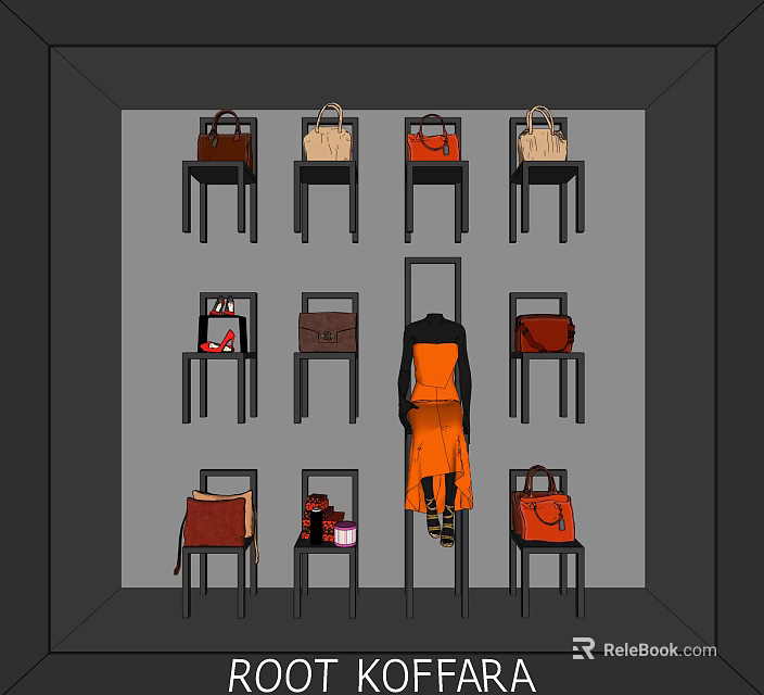 Stylish Window Display Featuring Various Colored Bags And Orange Outfit Mannequin 3d model 
