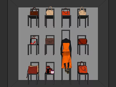 Stylish Window Display Featuring Various Colored Bags And Orange Outfit Mannequin 3d model
