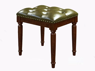 Classic Green Leather Tufted Ottoman Stool With Wooden Legs And Rivets 3d model