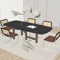 Modern Dining Table Set With Rattan Back Chairs Black Tabletop And Green Plant Decor