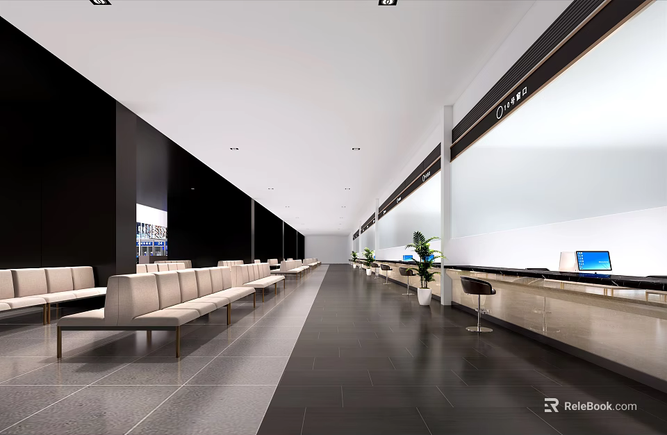Modern Service Hall With Waiting Benches Service Counter Computers And Green Plants 3d model 