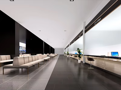 Modern Service Hall With Waiting Benches Service Counter Computers And Green Plants 3d model