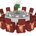 Round Dining Table Set With White Tablecloth Red Chairs Bowknot Details And Green Plant Centerpiece