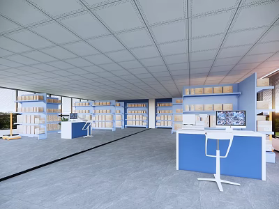Spacious Modern Public Office Space With Blue Desks White Chairs And Large Windows 3d model
