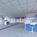 Spacious Modern Public Office Space With Blue Desks White Chairs And Large Windows