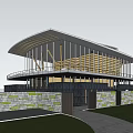Modern Sales Office Building Featuring Unique Roof Design Glass Facade And Entrance Area