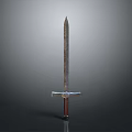 Medieval Sword With Metal Blade And Wooden Hilt Isolated On Gray Background