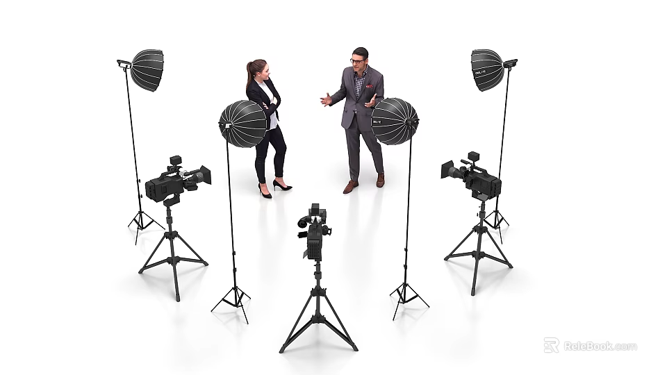 Live Stream Studio Setup With Two Hosts In Formal Attire And Camera Equipment 3d model 