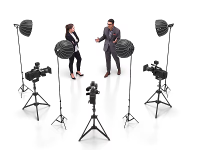 Live Stream Studio Setup With Two Hosts In Formal Attire And Camera Equipment 3d model