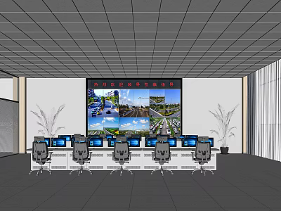Monitoring Room Interior With Large Screen Multiple Surveillance Feeds Computer Workstations And Chairs 3d model