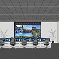 Monitoring Room Interior With Large Screen Multiple Surveillance Feeds Computer Workstations And Chairs